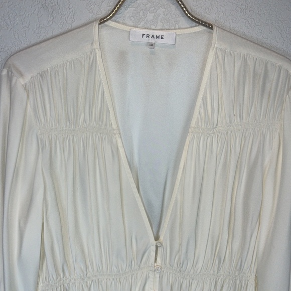 Frame Ruched V-Neck Silk Blouse Off White Large- New - Picture 3 of 14